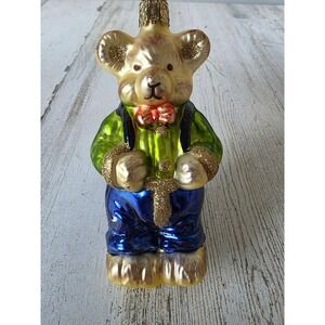 Vintage Christborn gold glitter bear suspenders glass ornament Xmas tree